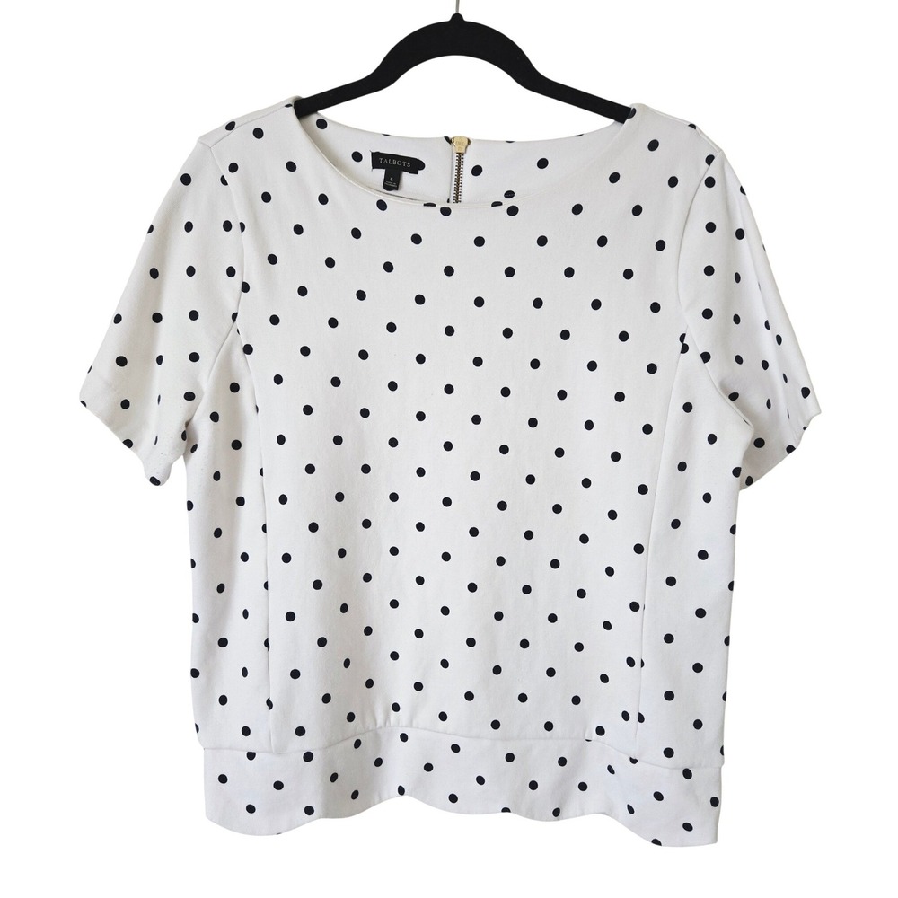 Talbots Womens Large White Polka‎ Dot Scalloped Hem Back Zip Knit Top